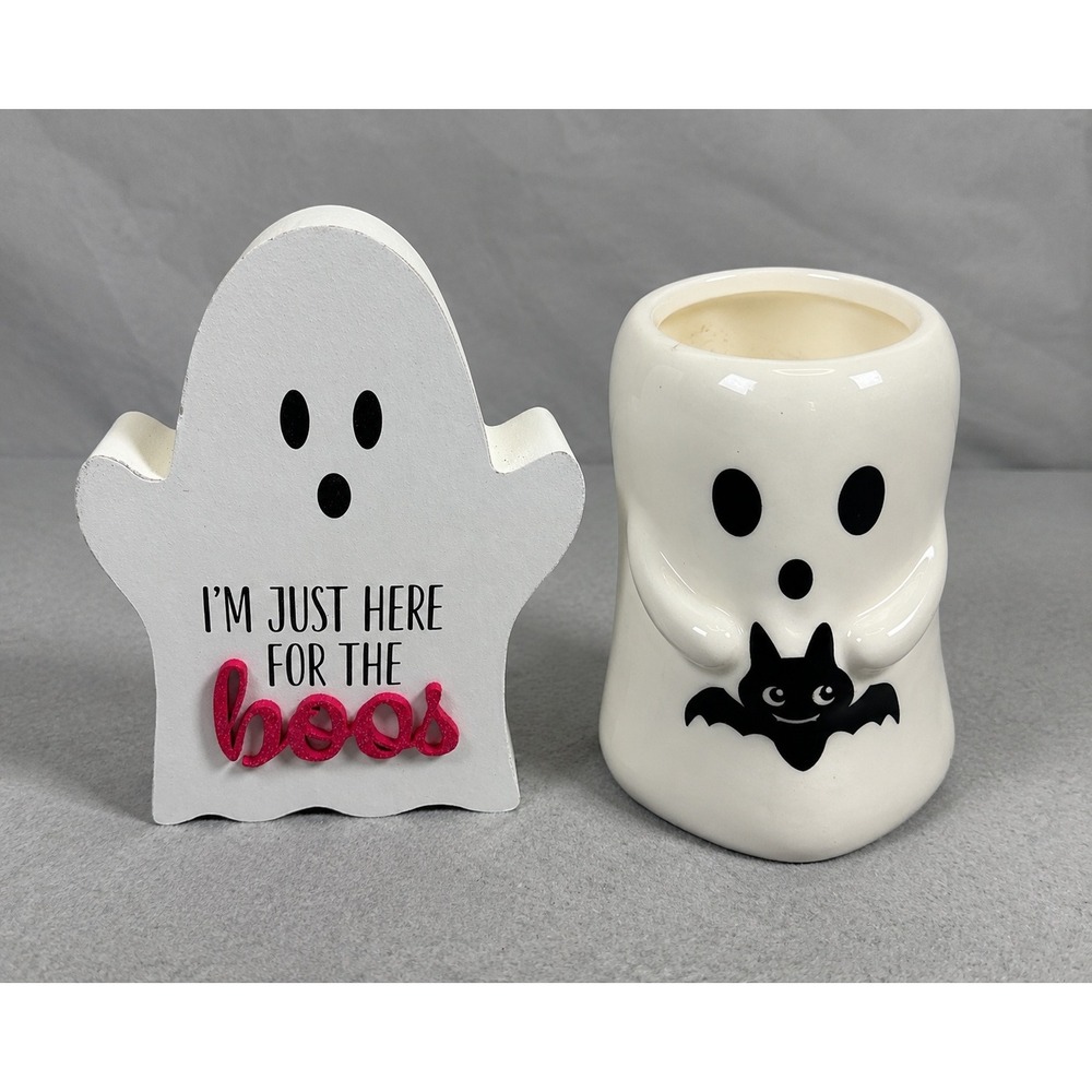 Halloween Ghost Decor Set of 2 Boo Sign & Celebrate Together Ghost Candle
